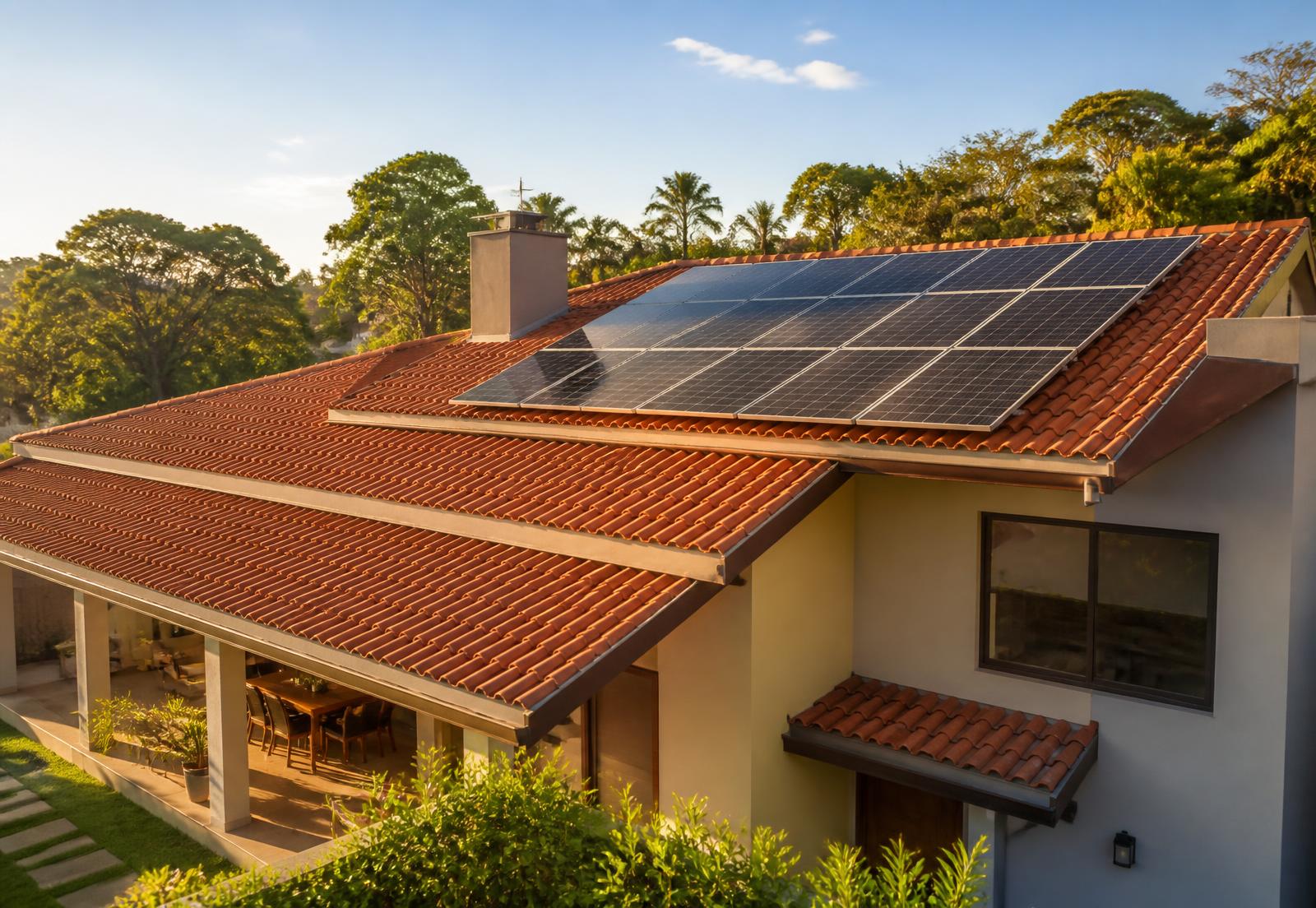 Placas solares instaladas no telhado de uma casa em Jaboticabal/SP